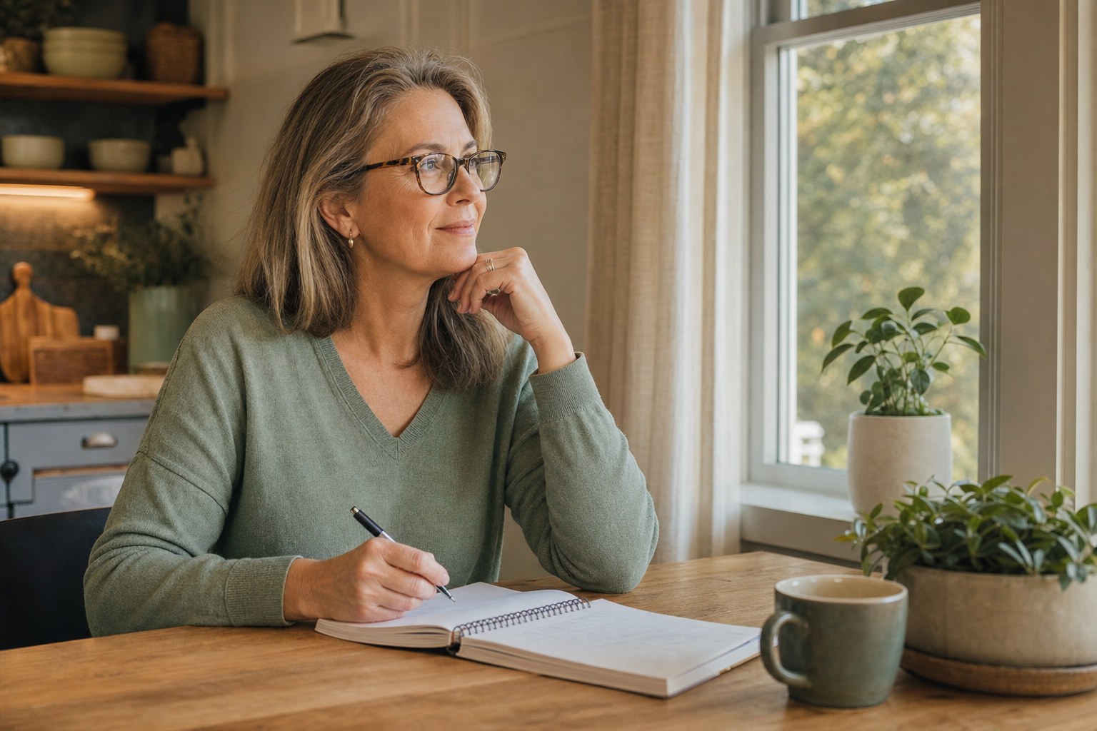 Woman reviewing a financial plan at home in daylight