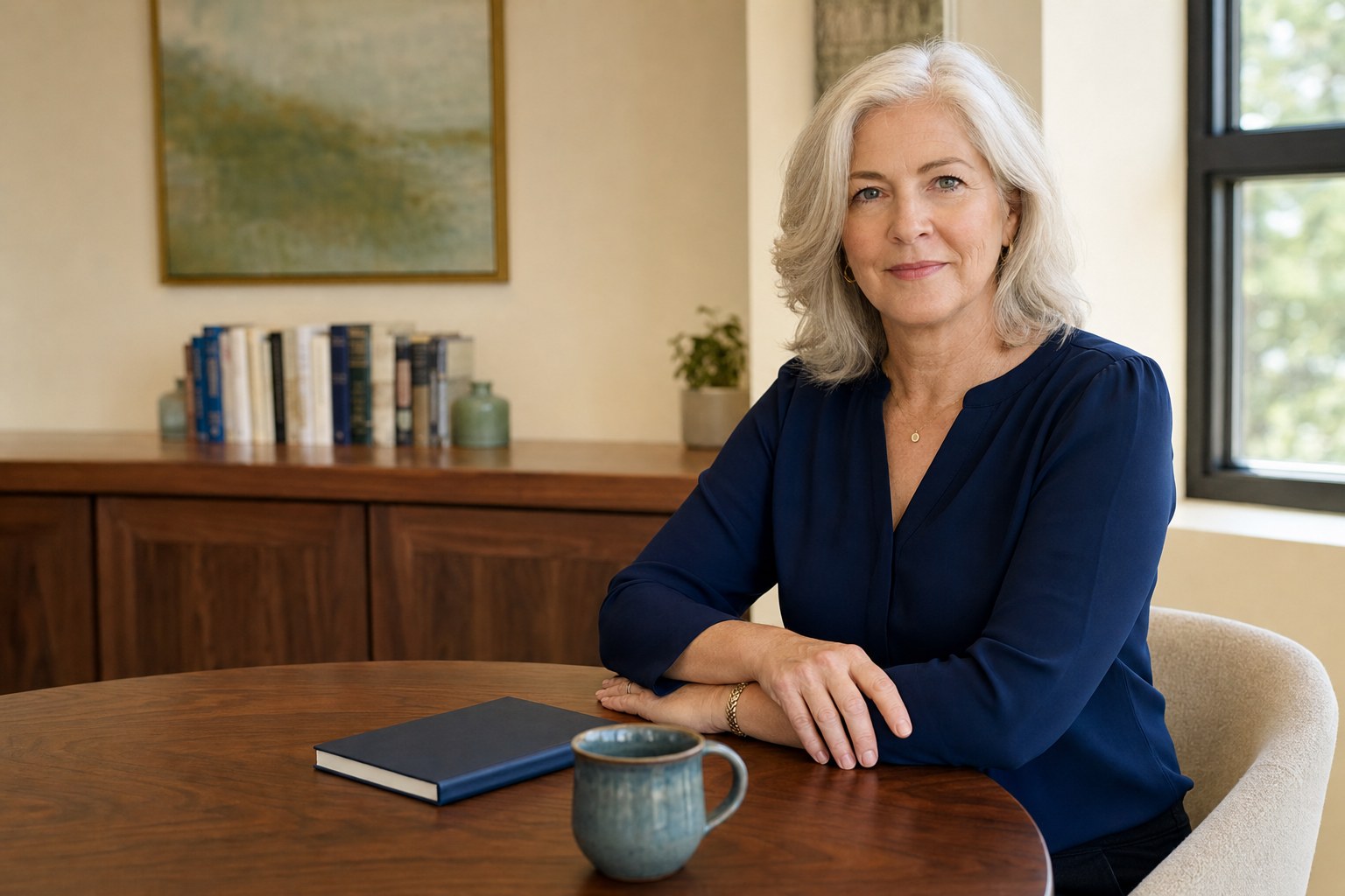 Claire Wrenholt seated at a round table in her private office