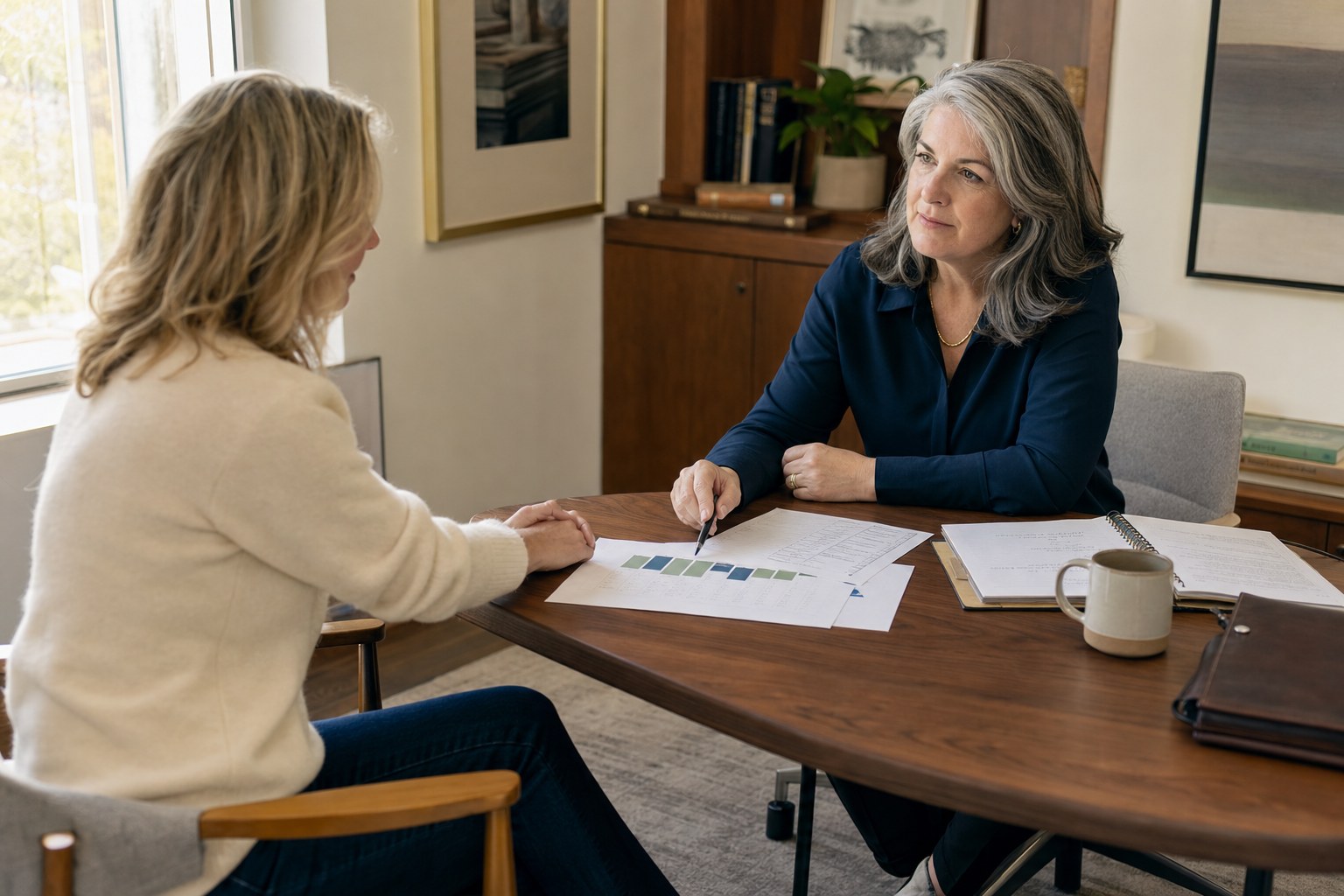 Financial planner reviewing documents with a client during a private consultation